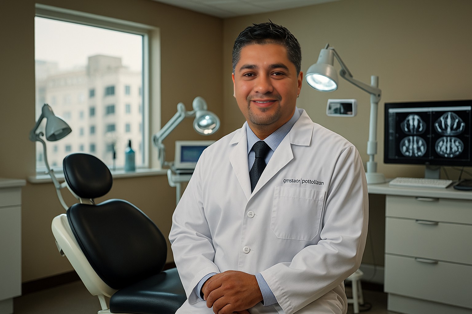 Dr. Ángel Márquez in his modern dental clinic, professional dentist in white coat