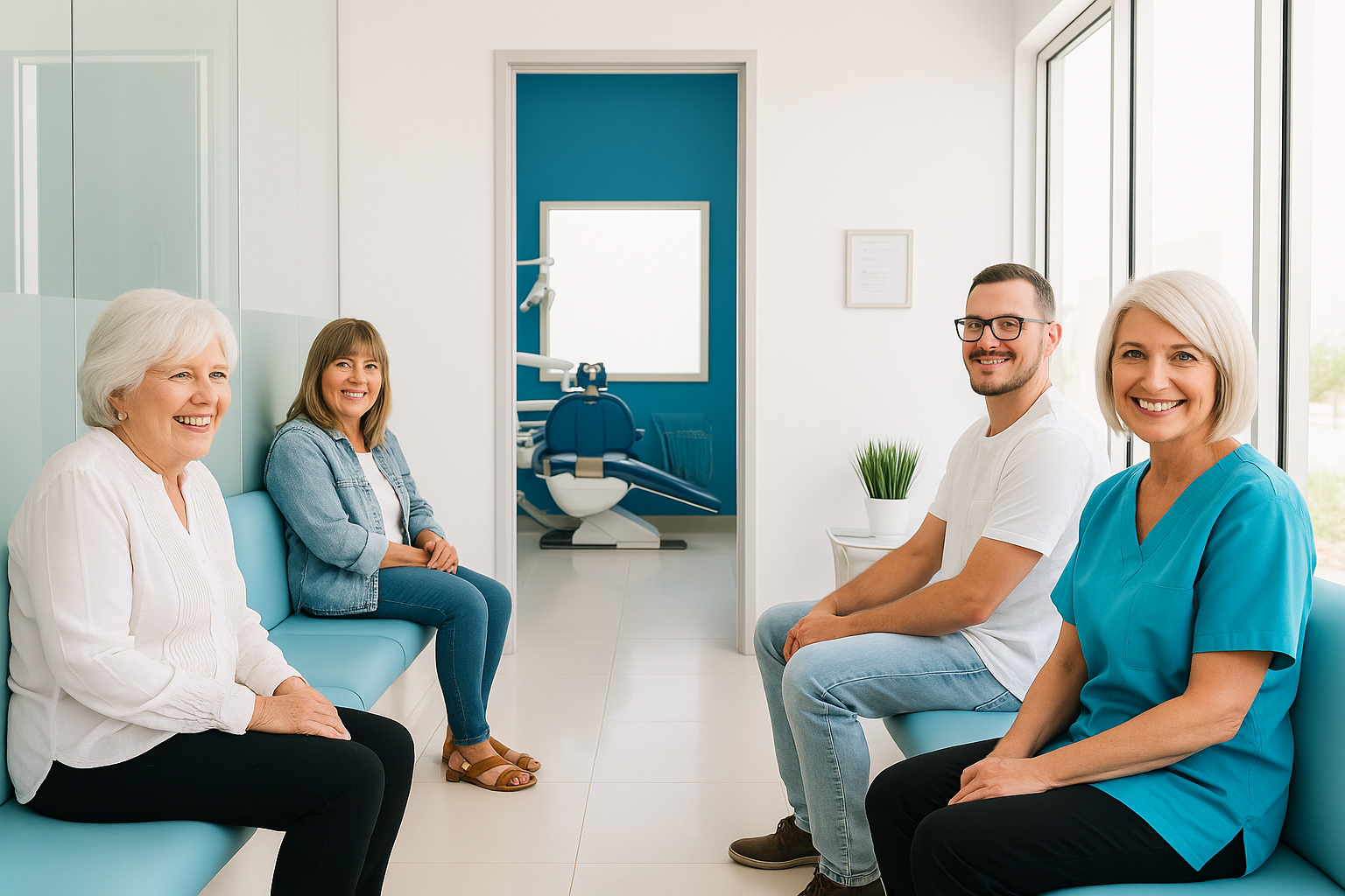Happy US patients and dental staff in modern clinic waiting area